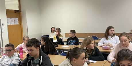 Powiększ grafikę: Grupa  uczniów  podczas  zajęć  na  sali  wykładowej.