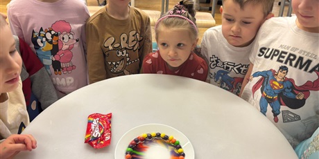 Powiększ grafikę:  Po wlaniu wody do talerzyka powstała kolorowa kompozycja