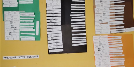 Powiększ grafikę: Tablica z wywieszonymi zadaniami wykonanymi przez uczniów.