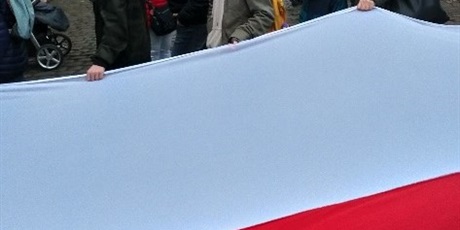 Powiększ grafikę: Uczestnicy  Parady  Niepodległości  wokół  flagi  Polski.