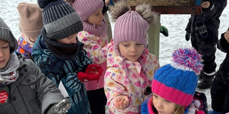 Powiększ grafikę: Maja i Nela razem z innymi przedszkolakami dokarmiają ptaki.