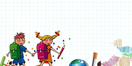 Powiększ grafikę: Rysunek uczniów  z  plecakami. Dziewczynka trzyma w ręce ołówek. Dookoła narysowane inne przybory szkolne.